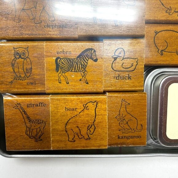 Cavallini Papers & Co Wooden Animal Stamps Set Charming Crafts Storage Tin - Picture 8 of 10